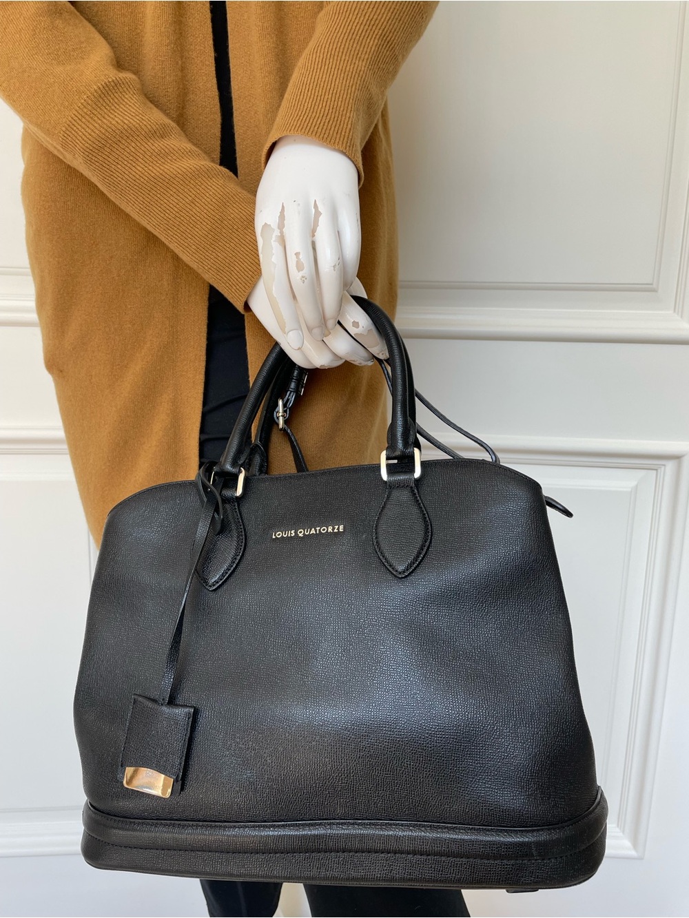 Louis Quatorze Black Pebbled Leather Satchel Shoulder Bag w/ Strap